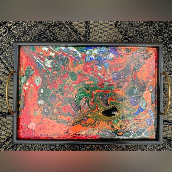 Gorgeous Handmade Original Colorfully Painted Wooden Brass Handle Serving Tray! - Picture 9 of 15